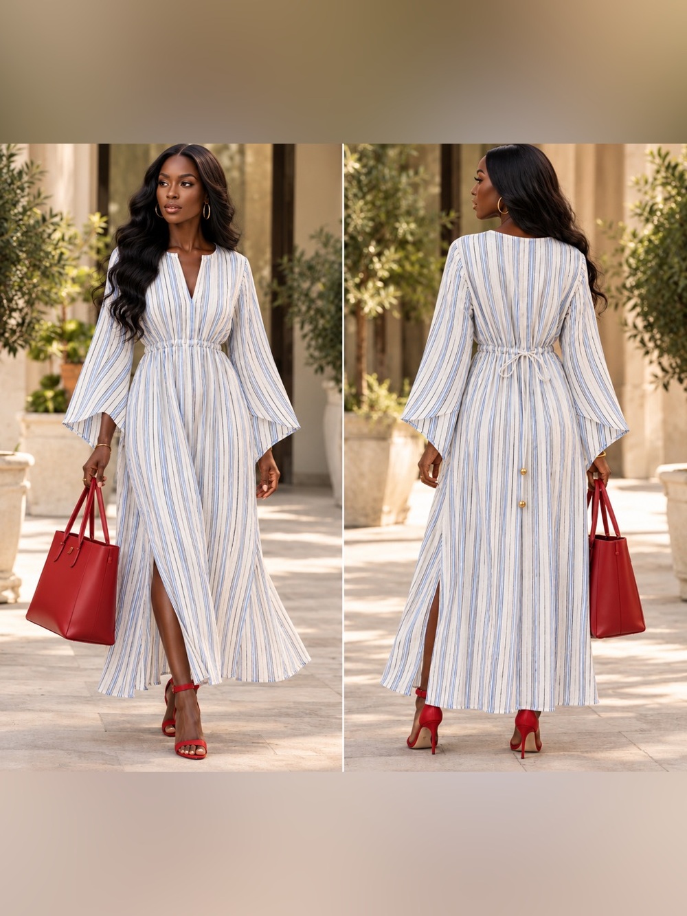 Claridge + King Blue & White Striped Linen Blend Maxi Dress M